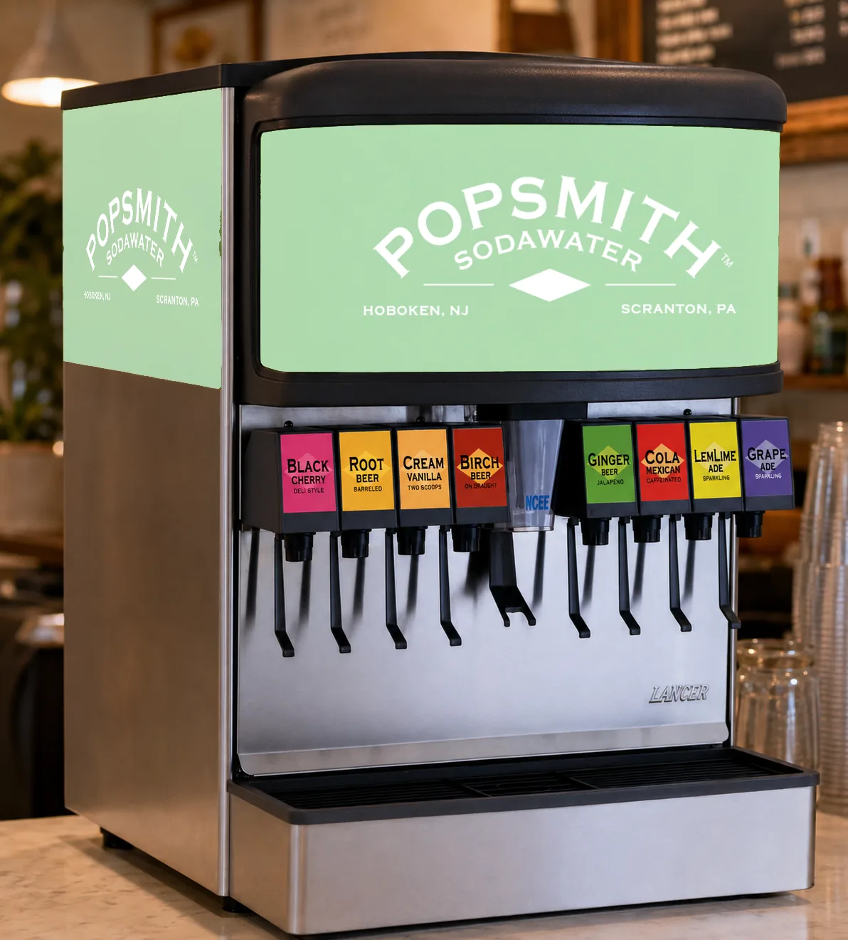 A POPSMITH Sodawater fountain tower with eight flavor valves